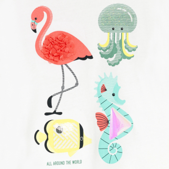 تيشيرت برسوم حيوانات بارزة باللون الأبيض للفتيات الصغيرات